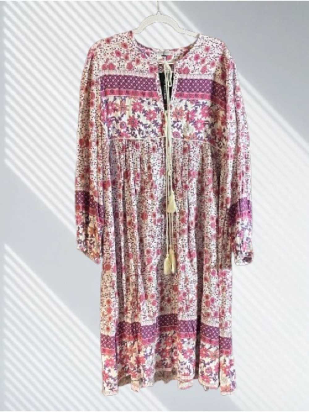 Pink Floral Tie-Front Midi Dress with Tassels - Picture 4 of 7